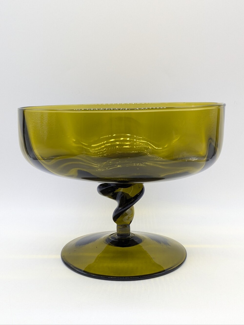 Vintage MCM Empoli Olive Green Glass Twisted Stem Footed Compote Dish Bowl